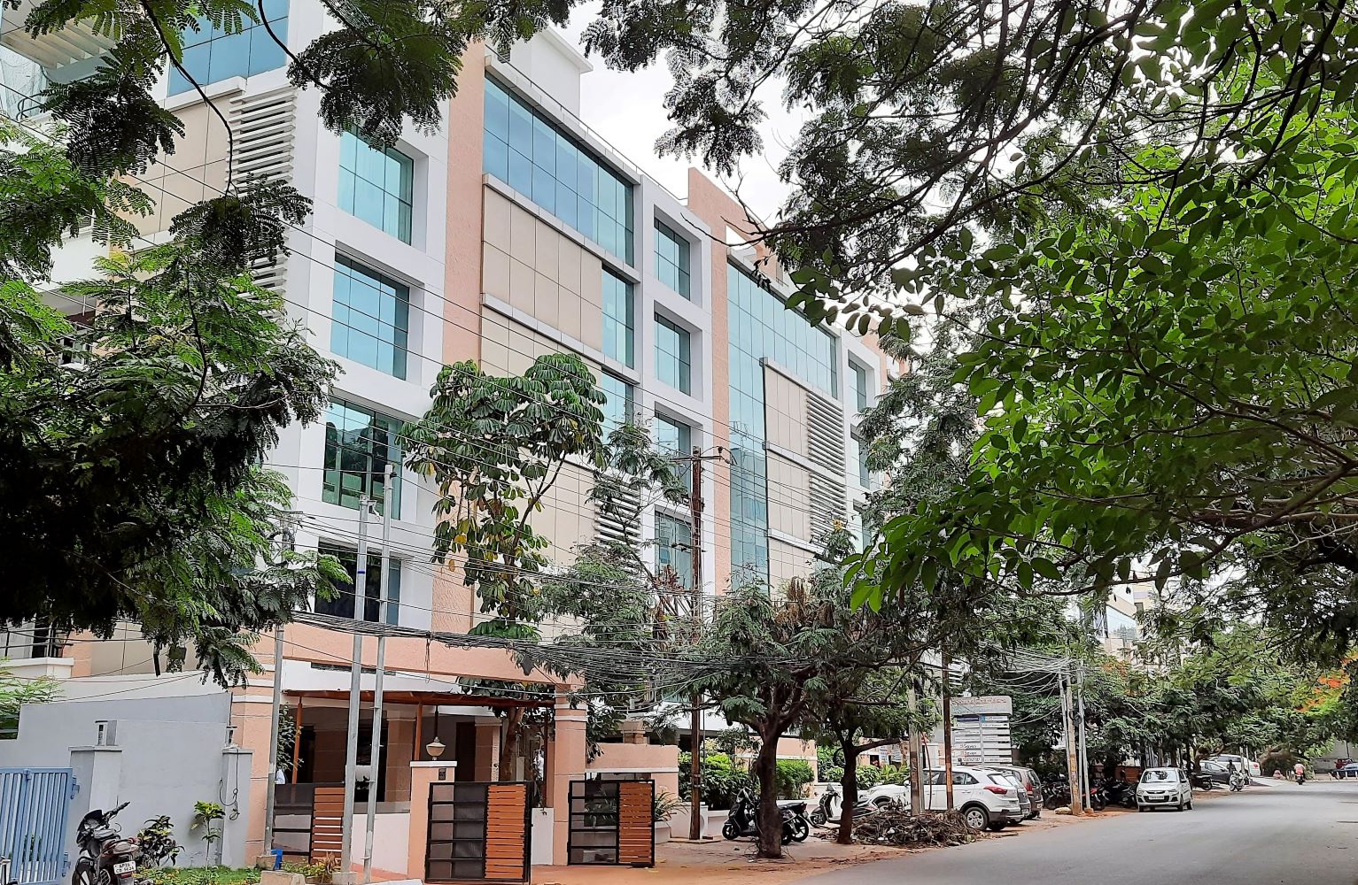 The exterior of an office building surrounded by greenery.