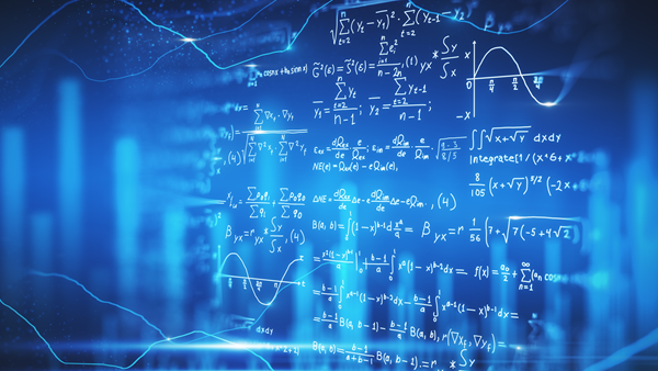 A collage of a blackboard with formulas and charts, bars and curves